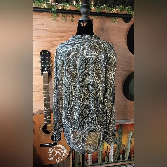 MICHAEL Michael Kors Paisley Button-Front Blouse - Blue/Earth Tones - Size M - Picture 3 of 10